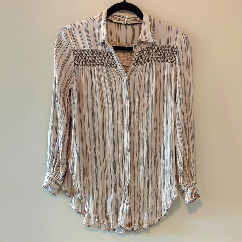 Floreat beige striped ruched button-down shirt extra small